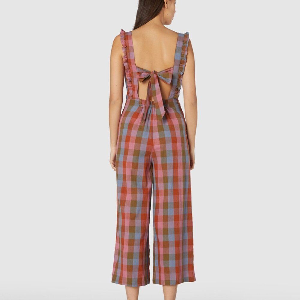 ModCloth Princess Highway Linen Prairie Jumpsuit S Orange Check Boho Ruffle - Picture 3 of 15